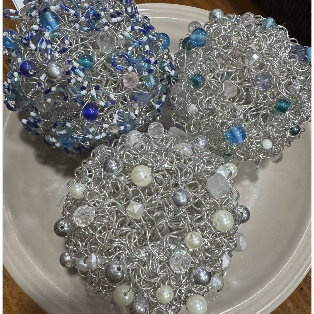Set of 3 Silver Wire Beaded Decorative Spheres Bowl Filler Orbs